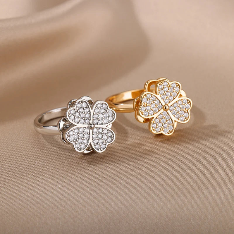 Drehbarer Kleeblatt-Ring aus Edelstahl mit Zirkonia