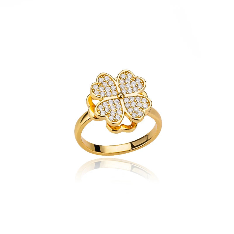Drehbarer Kleeblatt-Ring aus Edelstahl mit Zirkonia
