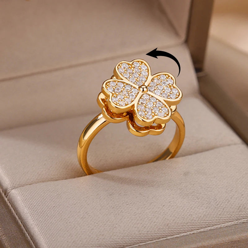 Drehbarer Kleeblatt-Ring aus Edelstahl mit Zirkonia