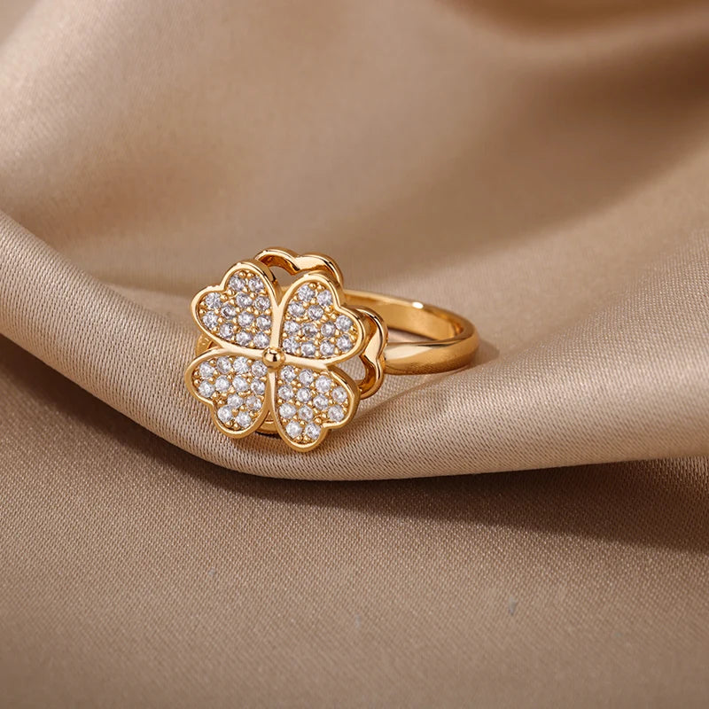Drehbarer Kleeblatt-Ring aus Edelstahl mit Zirkonia