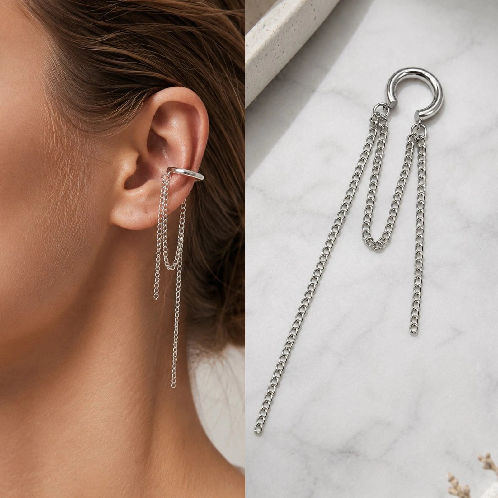Ear Cuff mit Kette aus 18K vergoldetem Edelstahl – Ohne Ohrloch