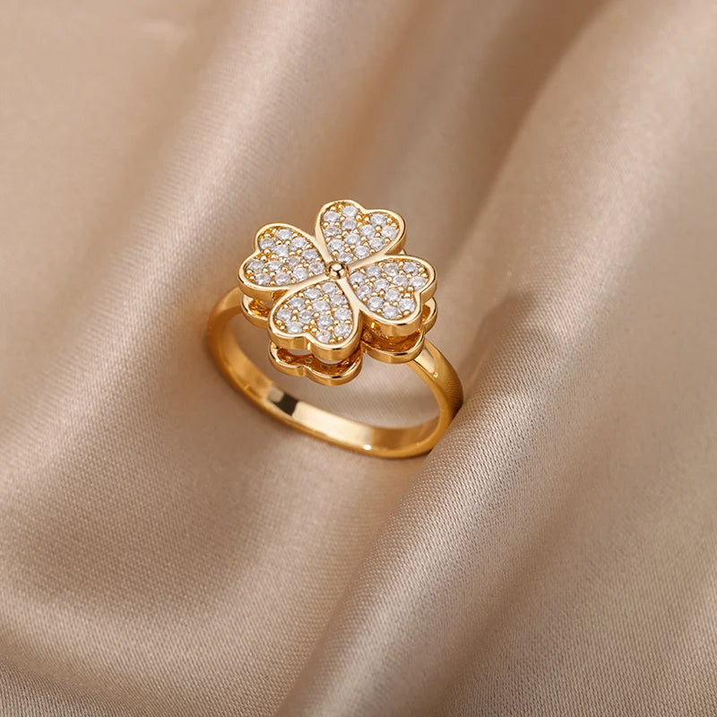 Drehbarer Kleeblatt-Ring aus Edelstahl mit Zirkonia
