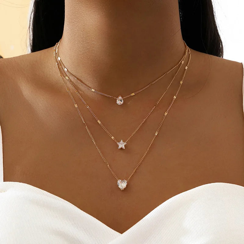 Mehrreihige Halskette mit Herz-Anhänger und Zirkonia